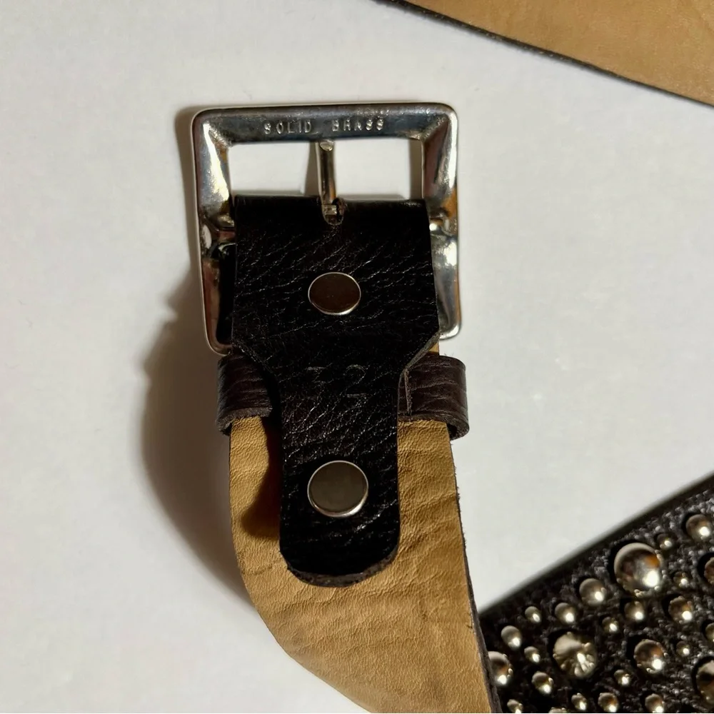 Calleen Cordero Leather Belt Silver Studded Wide Brass Buckle Y2K 32 Designer